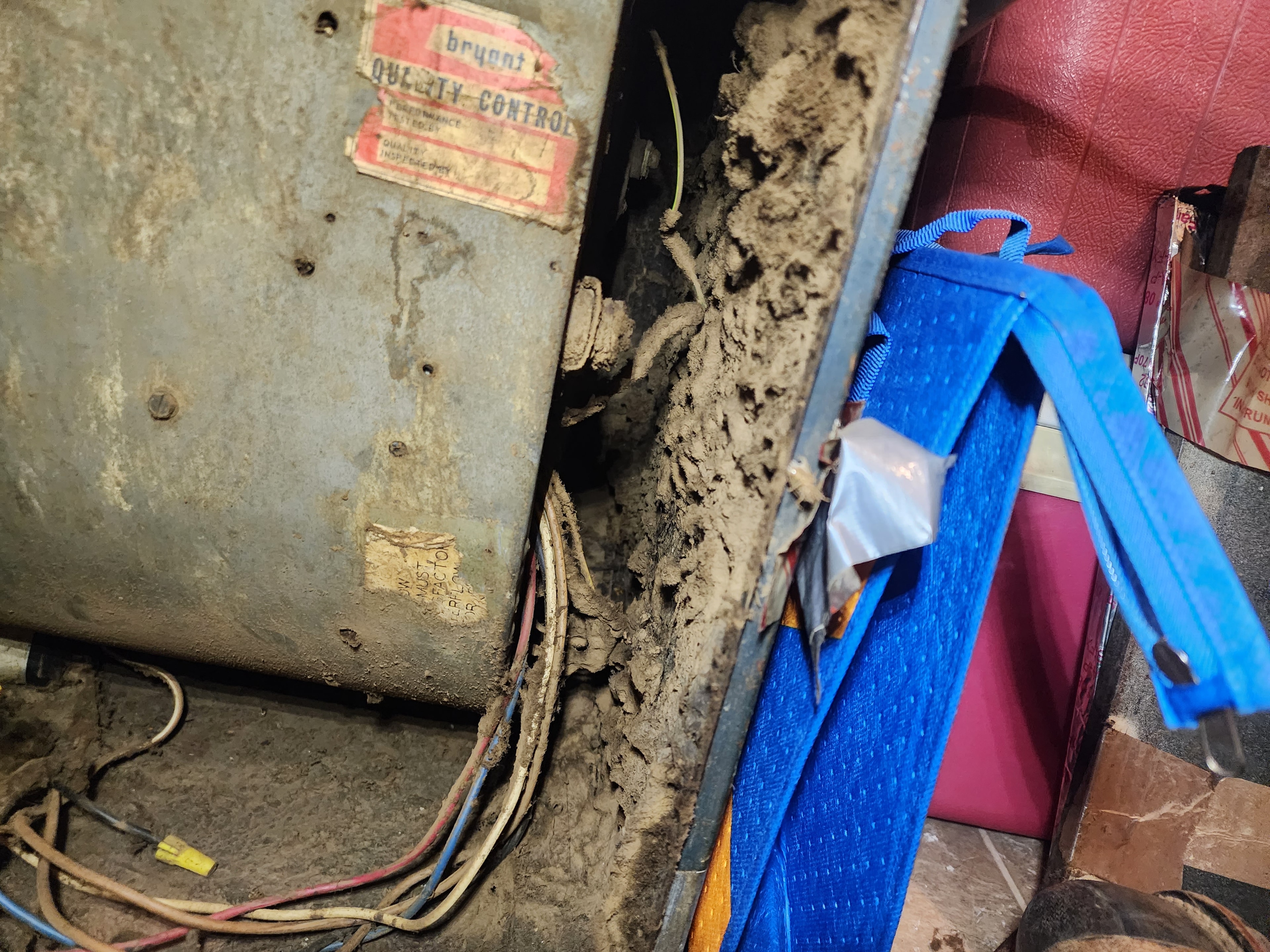 Severely clogged blower wheel packed with dust found during HVAC maintenance inspection